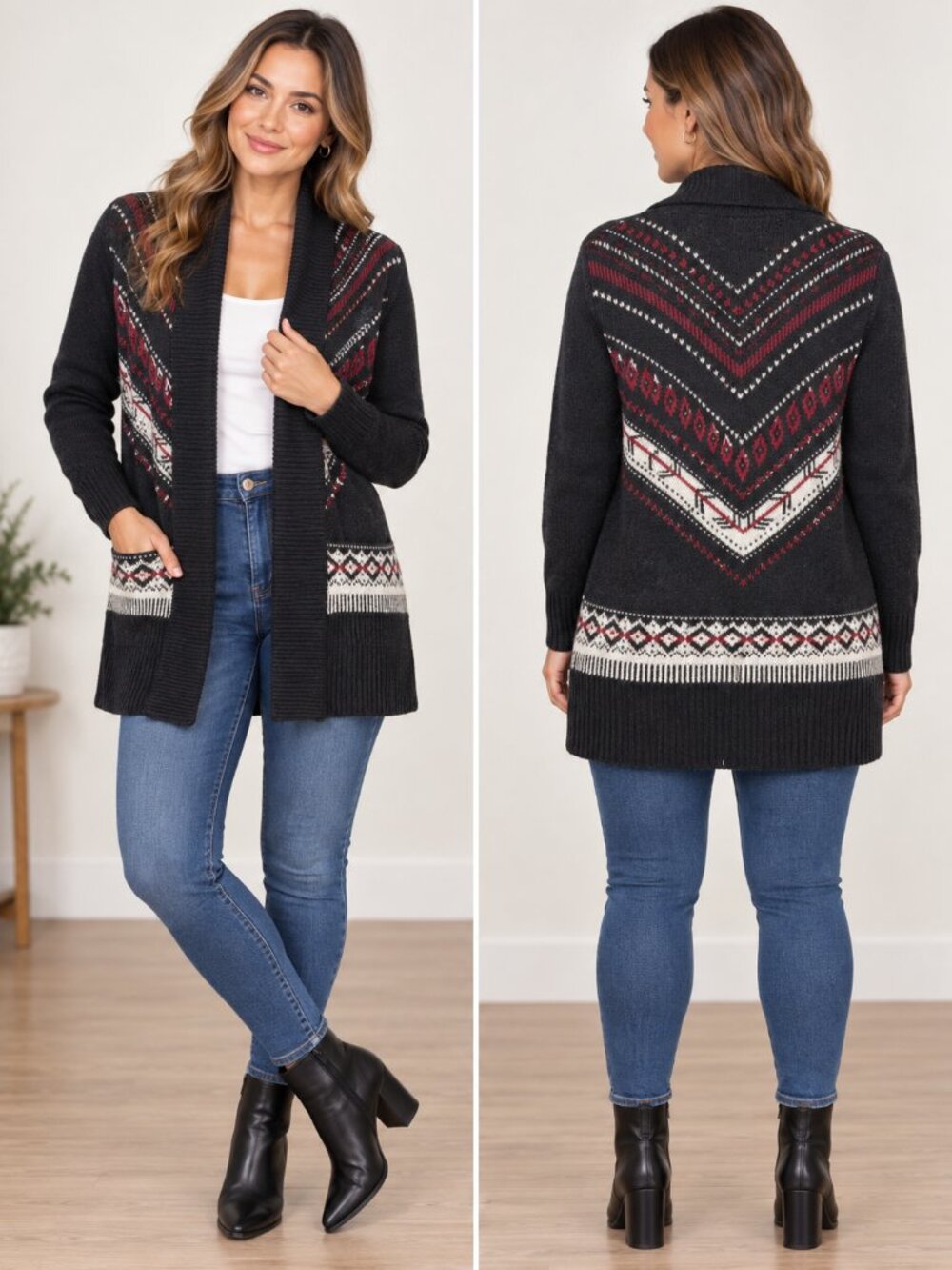 Abercrombie & Fitch Fair Isle Cardigan Sweater Black Burgundy Size L
